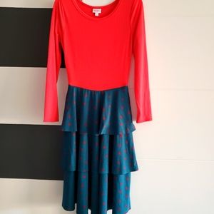EUC LULAROE red orange / green tiered polka dot skirt dress (S)